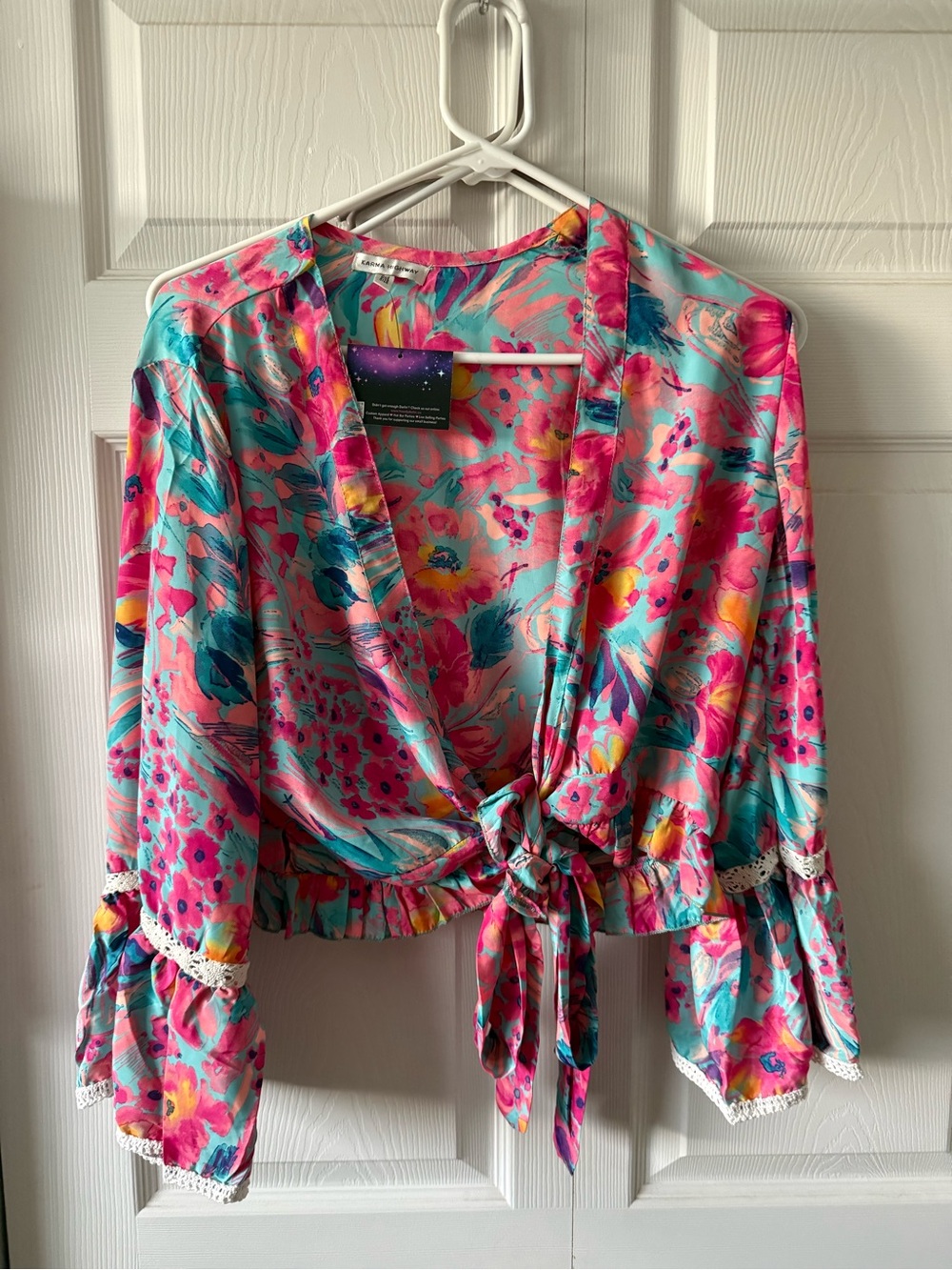 Floral Tie-Front Blouse in Pink & Teal